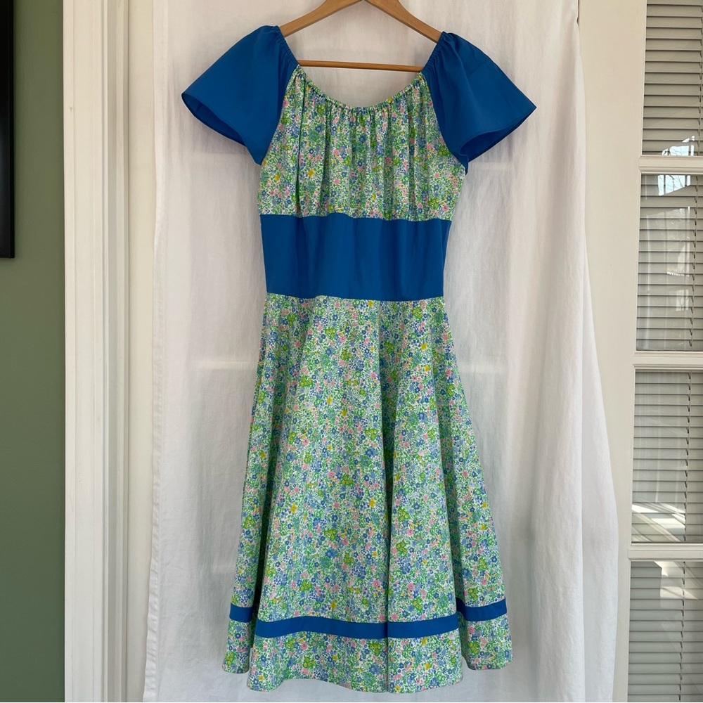 Floral Blue and Green Midi Dress, Square Dance